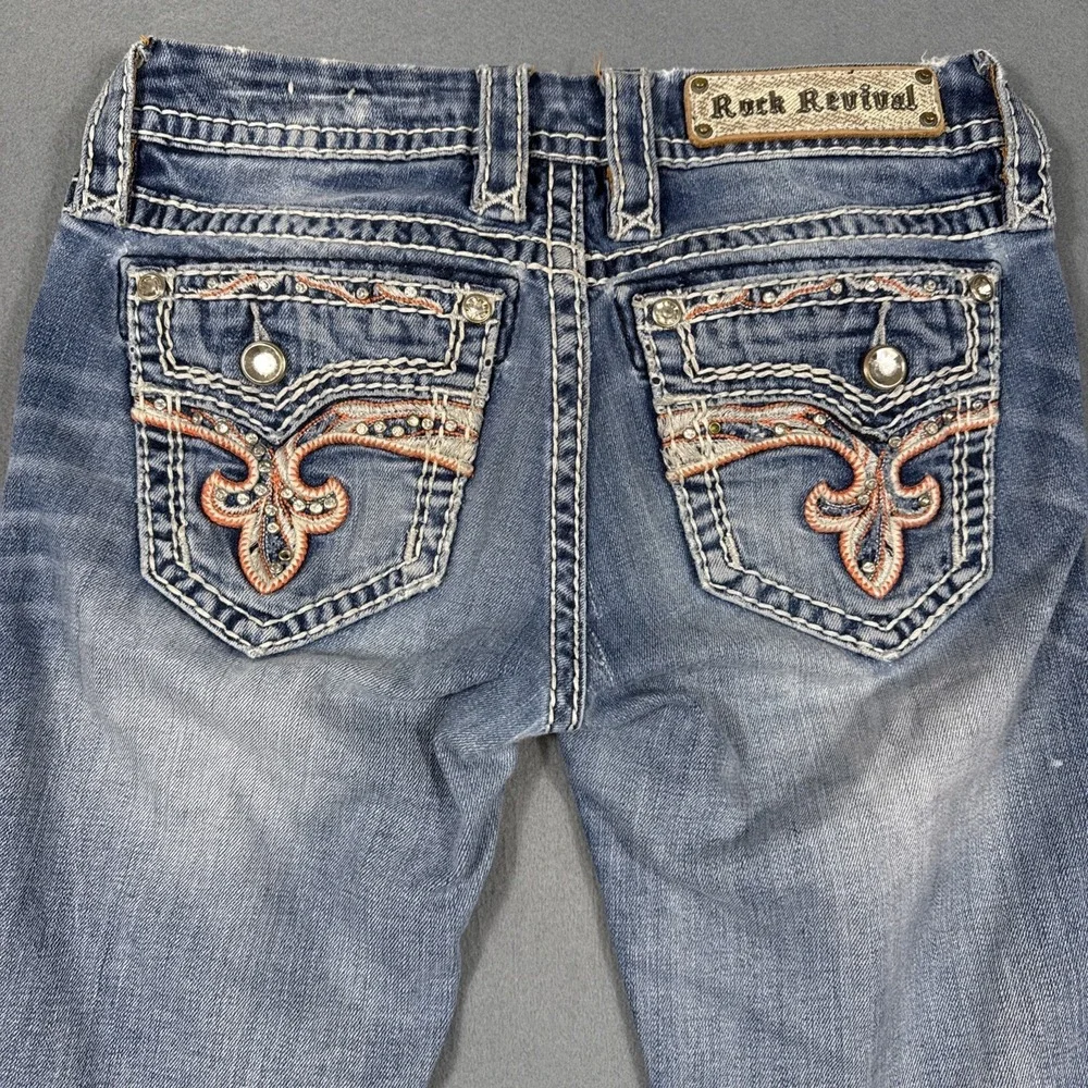 ROCK REVIVAL Yui Skinny Stretch Jeans Women's 25 rhinestones RARE COLOR WHISKERS - Picture 1 of 10